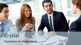  Presentation with partners - Slides having employee training - image of business partners discussing background and a light blue colored foreground