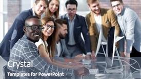  Presentation with team work - Theme enhanced with employee training - multi-ethnic business team discusses background and a  colored foreground