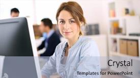  Presentation with cheerful - Theme with employee training - portrait of cheerful girl background and a light blue colored foreground