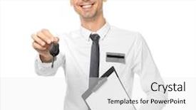  Presentation with car body repairer holding - PPT theme featuring employee transport consultancy - attractive salesman holding car key background and a white colored foreground