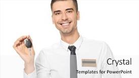  Presentation with car key - Slide deck enhanced with employee transport consultancy - attractive salesman holding car key background and a white colored foreground