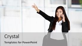  Presentation with taxi - PPT layouts enhanced with employee transport consultancy - business woman catching a ride background and a light gray colored foreground