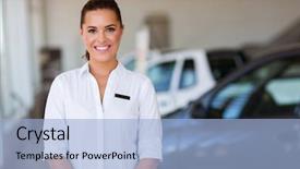  Presentation with vehicle - PPT theme having employee transport consultancy - gorgeous woman working at vehicle background and a light blue colored foreground