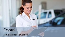  Presentation with dealership - Colorful presentation theme enhanced with employee transport consultancy - pretty saleswoman working at car backdrop and a  colored foreground