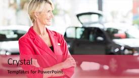  Presentation with car dealer - Beautiful slide set featuring employee transport consultancy - smiling senior female car dealer backdrop and a red colored foreground