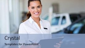  Presentation with employee - Slides featuring employee transport consultancy - young car saleswoman holding clipboard background and a light blue colored foreground
