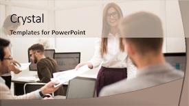  Presentation with turnover - Presentation design with employee turnover - business team in the workplace background and a lemonade colored foreground