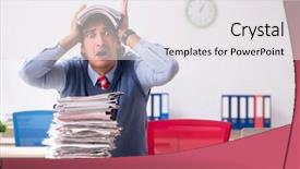  Presentation with employee working in industry - Cool new slide set with employee unhappy with excessive work backdrop and a  colored foreground