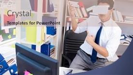  Presentation with movie - Amazing PPT layouts having employee watching movie on vr virtual reality glasses backdrop and a coral colored foreground