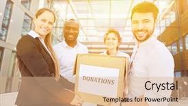  Presentation with front office - PPT theme having employee welfare - happy business people with box background and a coral colored foreground
