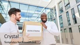  Presentation with donation - Slide set with employee welfare - two businessmen with a cardboard background and a soft green colored foreground