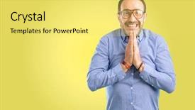  Presentation with praying hands - Slide deck with employee wishes - handsome middle age man background and a  colored foreground