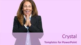  Presentation with woman hands raised to sky - Audience pleasing PPT theme consisting of employee wishes - middle age business woman backdrop and a  colored foreground