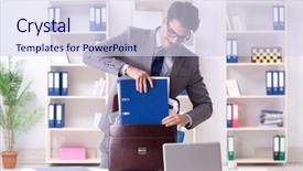  Presentation with work - Cool new PPT layouts with employee with too much work backdrop and a sky blue colored foreground