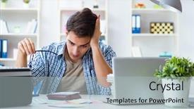  Presentation with employee - Colorful presentation design enhanced with employee working at copying machine backdrop and a light gray colored foreground