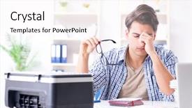  Presentation with employee working in industry - Amazing PPT theme having employee working at copying machine backdrop and a  colored foreground