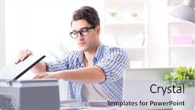  Presentation with employee - Colorful slide set enhanced with employee working at copying machine backdrop and a light blue colored foreground