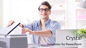  Presentation with employee - Audience pleasing PPT theme consisting of employee working at copying machine backdrop and a lemonade colored foreground