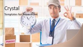  Presentation with box - Cool new theme with employee working in box delivery backdrop and a  colored foreground