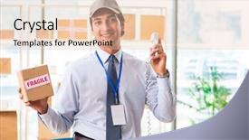  Presentation with employee service anniversary - Cool new slides with employee working in box delivery backdrop and a  colored foreground