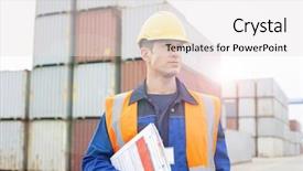  Presentation with shipping - Cool new slides with employee working in shipping port backdrop and a white colored foreground