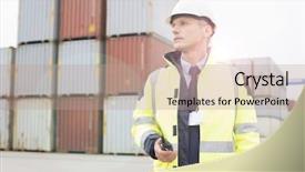  Presentation with shipping - Beautiful theme featuring employee working in shipping port backdrop and a coral colored foreground