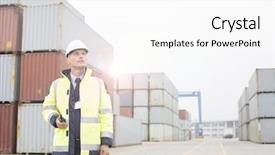  Presentation with shipping - Presentation theme having employee working in shipping port background and a white colored foreground