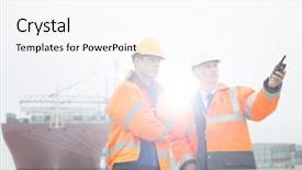  Presentation with employee working in industry - Audience pleasing PPT theme consisting of employee working in shipping port backdrop and a  colored foreground