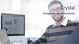  Presentation with employee working in industry - Slide set featuring employee works with marketing schemes background and a sky blue colored foreground