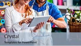  Presentation with using digital tablet - Slides featuring employee years service - couple using digital tablet background and a light blue colored foreground