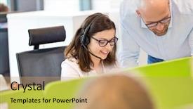  Presentation with female office graphics - Presentation theme consisting of employee years service - mid adult businessman assisting female background and a  colored foreground