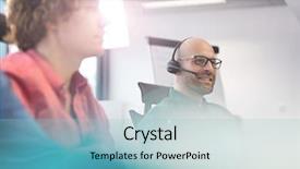  Presentation with technology in adult education - Audience pleasing presentation theme consisting of employee years service - mid adult businessman using headset backdrop and a  colored foreground