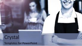  Presentation with customers - Audience pleasing theme consisting of employee years service - portrait of smiling barista backdrop and a seafoam green colored foreground