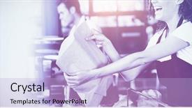  Presentation with paper bag - PPT layouts consisting of employee years service - smiling waitress giving paper bag background and a light blue colored foreground