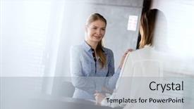  Presentation with office water cooler - PPT theme having employee years service - young receptionist talking with businesswoman background and a light gray colored foreground