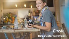  Presentation with young business woman smile show - Colorful PPT theme enhanced with employee years service - young woman in coffee shop backdrop and a violet colored foreground