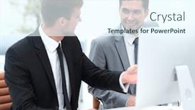  Presentation with employees - PPT layouts with employees are talking sitting behind a desk background and a cool aqua colored foreground