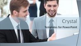  Presentation with employees - Audience pleasing slide deck consisting of employees are talking sitting behind a desk backdrop and a light blue colored foreground