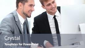  Presentation with employees - Slide deck featuring employees are talking sitting behind a desk background and a gray colored foreground