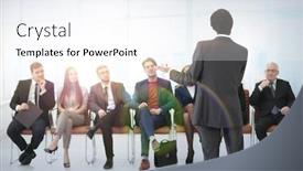  Presentation with employees - Presentation theme enhanced with employees carefully listening to your boss at a business meeting background and a sky blue colored foreground