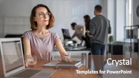  Presentation with forex - Beautiful presentation design featuring employees chart - office employee at workplace forex backdrop and a violet colored foreground