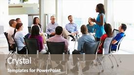  Presentation with staff meeting - Audience pleasing PPT theme consisting of employees culture - businesswoman addressing multi-cultural office staff backdrop and a gray colored foreground