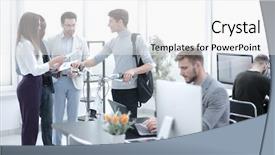  Presentation with employee relations - Cool new presentation theme with employees discuss work-related problems backdrop and a white colored foreground