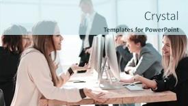  Presentation with new ideas - PPT layouts consisting of employees-discussing-ideas background and a cool aqua colored foreground