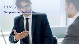  Presentation with information - PPT layouts consisting of employees-discussing-online-information-sitting background and a sky blue colored foreground