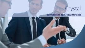  Presentation with business office desk - Cool new slide set with employees-discussing-the-business-plan backdrop and a light blue colored foreground