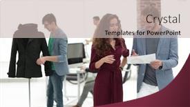  Presentation with employees - Presentation design featuring group discussion mannequins - employees discussing the document background and a soft green colored foreground