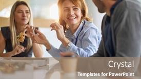  Presentation with canteen - Presentation design featuring employees-enjoying-a-pizza background and a coral colored foreground