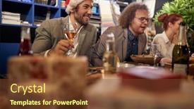  Presentation with dinner party - Slide set with employees-having-fun background and a tawny brown colored foreground