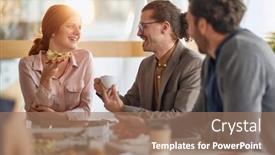  Presentation with good - Audience pleasing presentation theme consisting of employees-having-good-time-together backdrop and a coral colored foreground